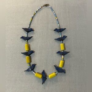 Vintage Art Glass  Necklace Birds and Beads Sky Blue Pastel Yellow